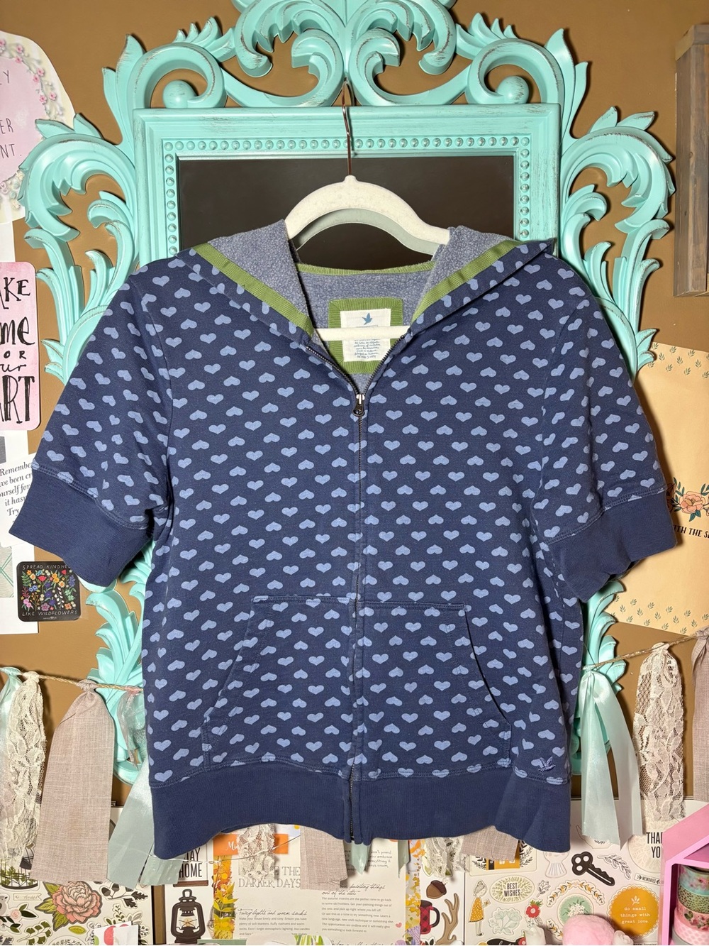 Aerie Blue All Over Heart Print Short Sleeve Zip Up Hoodie Womens Sz M Y2K 2000s